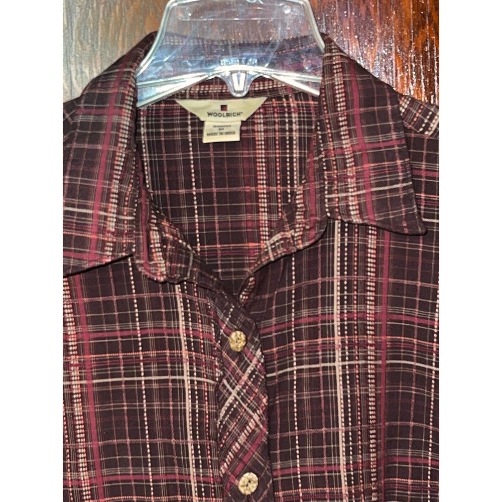 WOOLRICH SHIRT TEXTURED PLAID COTTON L/S BUTTON DOWN BROWN RED WHITE MEDIUM M